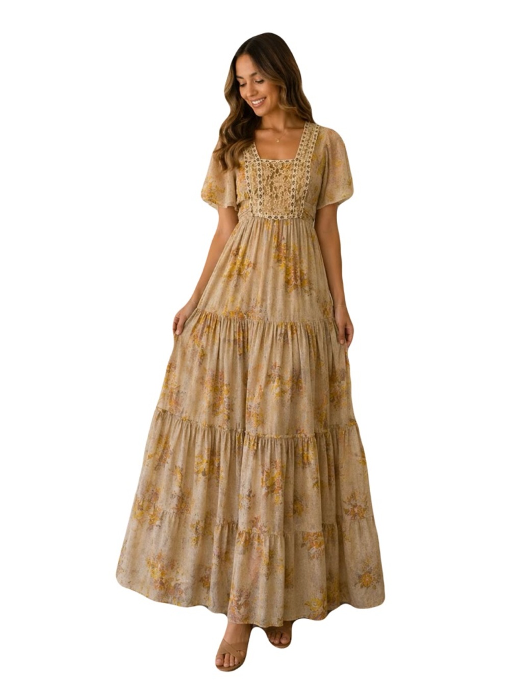 Vtg 1970s Jody T California Dress Floral Flutter Prairie Sundress